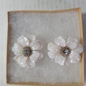 J.Crew White Full Bloom Classic Floral Statement Rhinestone Flower Earrings